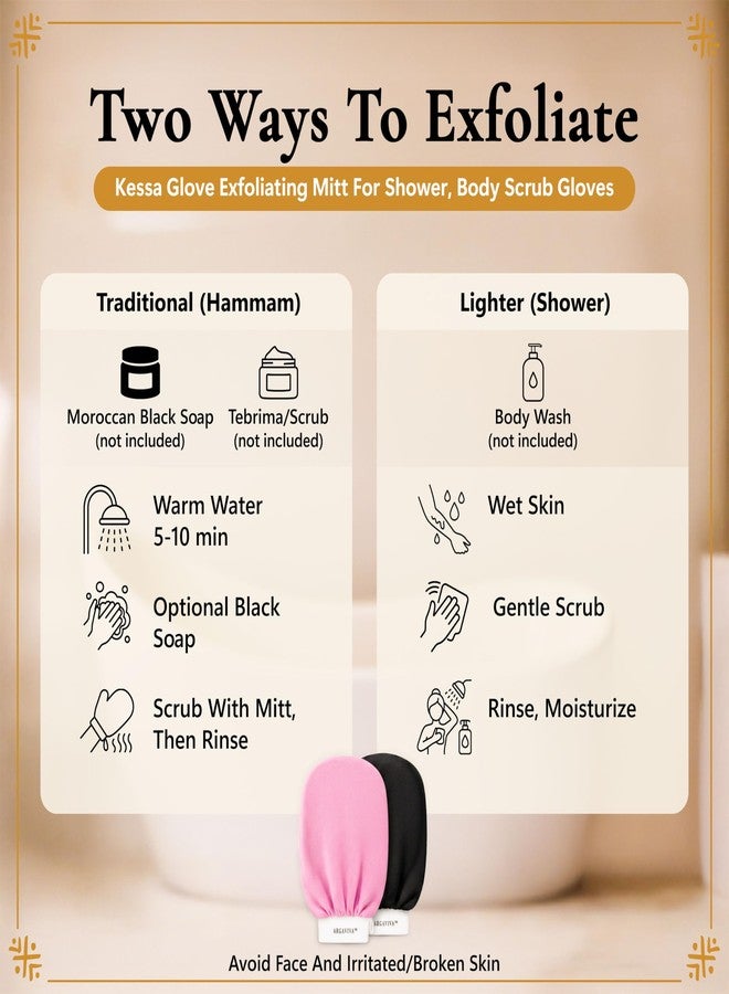 Argaviva Moroccan Exfoliating Glove for Shower - Kessa Hammam Body Scrub Gloves, Exfoliating Mitt, Bath Mitt - Couple's Spa Set, 2 Pack His and Hers, Pink and Black - Image 4
